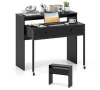 COSTWAY Escritorio Extensible con 2 Cajones, Escritorio con 2 Ruedas, Tocador Pequeño, Mesa Consola Dormitorio Oficina Salon, 100 x 63 x 88cm (Negro)