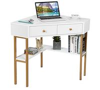 COSTWAY Escritorio Rinconera para Ordenador, Mesa de Trabajo Esquinera Salva Espacio con 2 Cajones y Repisas, Tocador Triangular para Pequeños Espacios 70,5 x 70,5 x 75 cm (Blanco)