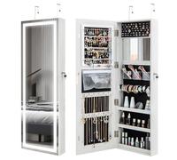 COSTWAY Espejo Joyero de Pared, Gabinete de Joyería con Espejo LED, Colgar en la Puerta/Pared con Luces de 3 Colores, Armario para Joyas con Almacenamiento de Maquillaje y Cerradura