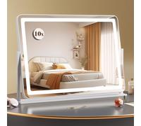 COSTWAY Espejo Maquillaje con Luz, Espejo Tocador 80 x 55 cm, Aumento 10x, Control Táctil, 3 Modos de Iluminación, Brillo Ajustable, Rotación de 360°, Espejo con Luces Grande, Blanco