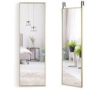 COSTWAY Espejo sobre Puerta de 120 x 37 cm, Espejo con Marco de Aleación de Aluminio y Cristal Irrompible, Espejo Colgante o de Pared con Ganchos para Armario, Dormitorio y Salón (Dorado)