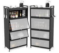 COSTWAY Estantería de Cocina de Pie con 5 Niveles, Marco Acero, Mueble Auxiliar de Cocina Estantería para Microondas con Ruedas, 4 Puertas Abatibles, Almohadillas Reemplazables, Mueble Salón (Negro)