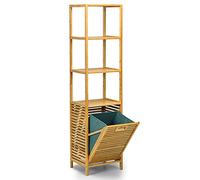 COSTWAY Estantería de la Cesta de la Ropa Sucia Retráctil para Baño, Organizador Torre con Cesta de Bambú y 3 Repisas, Revestimiento en Tejido Oxford Removible, Baño Lavandería