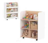 COSTWAY Estantería Infantil de 3 Niveles con Ruedas, Librería Infantil con Almacenamiento y Exposición de Libros a Doble Cara, Estantería de Madera para Libros, para Sala de Juegos, Guardería, Aula