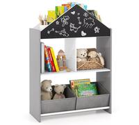 COSTWAY Estantería Infantil en Forma de Casa, Organizador de Juguetes de Madera con Pizarra y Tablero Blanco 2 en 1, 4 Compartimentos y 2 Cajones, Kit Anticaída, para Sala de Juego, Guardería(Gris)