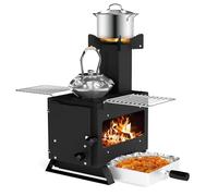 COSTWAY Estufa de Leña Portátil, Mini Cocina de Leña con Rejilla para Ollas, Bandeja de Horno y 2 Parrillas,Ventana de Vidrio, Camping, Picnic, Barbacoa