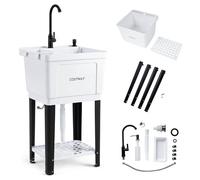 COSTWAY Fregadero Utilitario de Plástico, Fregadero Portatil con Patas Metálicas, Grifo Giratorio 360°, Dispensador de Jabón, Jabonera y Estante, Pila de Lavar para Cocina Lavandería Garaje Jardín