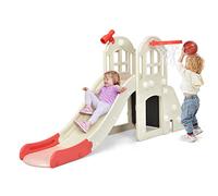 COSTWAY Gran Tobogán Infantil 6 en 1, Juego Infantil con Cesta, Pelota, Lanzamiento de Anillas y Telescopio, Parque Infantil de Interior y Exterior para Niños y Niñas (Rosa)