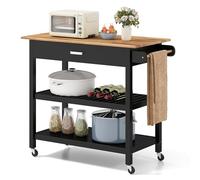COSTWAY Isla de Cocina con 4 Ruedas, Carrito Auxiliar de 3 Niveles con Encimera de Madera, Cajón con Asa, 2 Estantes Abiertos, Toallero Lateral, Carro de Servicio para Comedor, 106x50x89 cm (Negro)