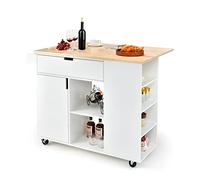 COSTWAY Isla de Cocina con Hoja Abatible, Carrito de Servicio Rodante con Tapa de Madera de Caucho, Carrito de Utilidad con Cajón, Estante Abierto, Barra de Cocina para la Cocina, Comedor (Blanco)