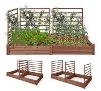 COSTWAY Jardinera con Enrejado, Cama Elevada de Jardín con 2 Maceteros y 3 Enrejados, Kit de Macetero de Madera para Exteriores, Macetero Elevado para Patio de Jardín, 222 x 114 x 110 cm (Marrón)