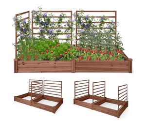 COSTWAY Jardinera con Enrejado, Cama Elevada de Jardín con 2 Maceteros y 3 Enrejados, Kit de Macetero de Madera para Exteriores, Macetero Elevado para Patio de Jardín, 222 x 114 x 110 cm (Marrón)