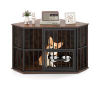 COSTWAY Jaula Esquinera para Perros, Comedero Ajustable con 2 Cuencos de Acero Inoxidable Rotativos 360°, Ahorra Espacio, Multifuncional para