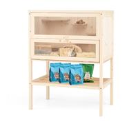 COSTWAY Jaula para Hámster de Madera, Hábitat con Techo Abatible de Malla, Puerta de Acrílico Bloqueable, Estante Inferior, Escaleras y Plataformas, Espacio Amplio para Animales Pequeños, Interior