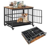 COSTWAY Jaula Plegable para Perros, Casa para Perros con Puerta, Ruedas Bloqueables y Bandeja Extraíble, Ahorra Espacio, Mueble de Madera para Perro con Estructura Metálica de Interior (80x61x64 cm)