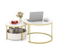 COSTWAY Juego de 2 Mesas de Centro Redondas, Mesitas Auxiliares con Cesta de Tela y Marco de Metal, Mesas Nido Apilables para Apartamento, Salon y Dormitorio, Mesillas de Noche