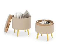 COSTWAY Juego de 2 Puff Almacenaje 23L + 6L, Taburete Tocador Redondo de Piel Sintética con Bandejas de Tapa Abatible, Patas Metálicas Doradas, Mesita Auxiliar y Reposapies en uno para Entrada, Salón