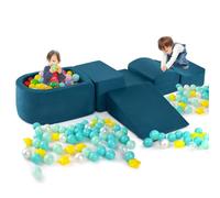 COSTWAY Juego de Escalada y Rampa de 5 Piezas, Bloque de Escalada con Piscina de Pelota Infantil, Funda Lavable a Máquina con Cremallera, Bloques de Construcción Creativos (Azul)