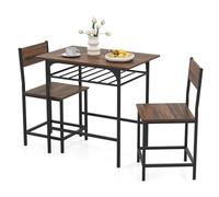 COSTWAY Juego de Mesa de Comedor 3 Piezas, Mesa Rectangular con Estante de Almacenaje y 2 Sillas, Estructura de Metal Robusta, Ahorra Espacio para Cocina, Apartamento, Desayunador (Marrón)