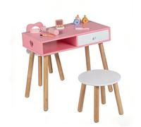 COSTWAY Juego de Mesa de Manicura para Niños con Silla y Taburete, Mesa y Silla Infantil de Madera con Accesorios de Manicura, Escritorio Infantil con Cajón y Compartimento para Niños