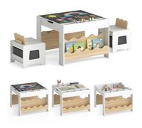 COSTWAY Juego de Mesa y 2 Sillas para Niños, Mesa de Actividad con Tablero Reversible, Pizarra, Estantes, Compartimentos, Cajones de Tela, Muebles de Madera Infantiles para 3+ Años