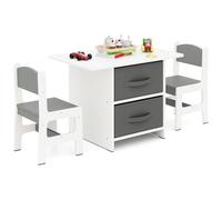 COSTWAY Juego de Mesa y 2 Sillas para Niños,Set de Escritorio para Niños de 3 Piezas con Cestas de Almacenamiento Extraíbles, Juego de Muebles de Madera para Niños con Rompecabezas (Gris)