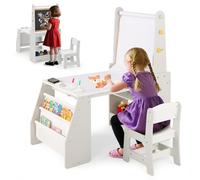 COSTWAY Juego de Mesa y Silla de Arte para Niños, Escritorio con Caballete y Silla, Pizarra Blanca y Pizarra de Tiza, Rollo de Papel, 2 Estantes Abiertos y Estante de 2 Niveles (Gris)
