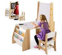 COSTWAY Juego de Mesa y Silla de Arte para Niños, Escritorio con Caballete y Silla, Pizarra Blanca y Pizarra de Tiza, Rollo de Papel, 2 Estantes Abiertos y Estante de 2 Niveles (Natural)