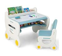 COSTWAY Juego de Mesa y Silla Infantil de Dibujo, Set de Mesa de Actividades para Niños con Silla, Plumas de Acuarela, Borrador de Pizarra y Estante para Dibujar, Leer (Azul)