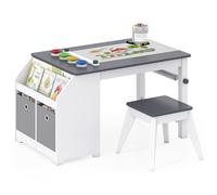 COSTWAY Juego de Mesa y Silla Infantil, Escritorio Infantil de Madera | con Rollo de Papel, 4 Vasos de Pintura y 2 Cubos de Tela, Mesa de Actividades con Taburete para Niños 3+ Años