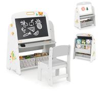 COSTWAY Juego de Mesa y Silla para Niños, 4 en 1 Caballete de Arte y Libreria con Pizarra Blanca Magnética y Pizarra, Estante y Contenedor de Tela, Mesa de Actividades Infantil para Dibujar (Gris)