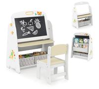 COSTWAY Juego de Mesa y Silla para Niños, 4 en 1 Caballete de Arte y Libreria con Pizarra Blanca Magnética y Pizarra, Estante y Contenedor de Tela, Mesa de Actividades Infantil para Dibujar (Natural)