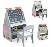 COSTWAY Juego de Mesa y Silla para Niños con Pizarras Magnéticas y Pizarra Blanca, Caballete de Arte y Estación para Niños Pequeños,librería Infantil con Almacenamiento (Gris)
