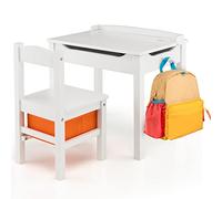 COSTWAY Juego de Mesa y Silla para Niños, Escritorio Infantil con Silla y Tablero Abatible, Juego de Mesa de Actividades de Madera Maciza, Bisagra de Seguridad, Cajón Extraíble (Blanco)