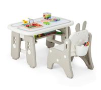 COSTWAY Juego de Mesa y Silla para Niños, Mesa de Arte Infantil con Silla y Estante, Tapa Abatible, Pizarra Magnética Borrable, Mesa de 3 Altura Ajustable para Dibujar, Incluye Accesorios (Gris)