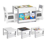 COSTWAY Juego de Mesa y Sillas Infantil, Mesa de Actividades 4 en 1 para Niños con Superficie Reversible, 2 Estantes para Libros y Cajas de Almacenaje, Set de Muebles Infantil de 3 Piezas (Gris)