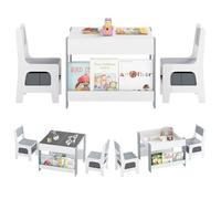 COSTWAY Juego de Mesa y Sillas Infantil, Mesa de Actividades 4 en 1 para Niños con Superficie Reversible, 2 Estantes para Libros y Cajas de Almacenaje (Gris,con Estante y Tablero Empalmado)