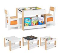 COSTWAY Juego de Mesa y Sillas Infantil, Mesa de Actividades 4 en 1 para Niños con Superficie Reversible, 2 Estantes para Libros y Cajas de Almacenaje, Set de Muebles Infantil de 3 Piezas (Natural)