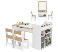 COSTWAY Juego de Mesa y Sillas para Niños con Rollo de Papel, Escritorio de Actividades con Panel de Dibujar, Estantes de Almacenaje, Cajas y Organizador para Dibujo, Estudio(Natural)