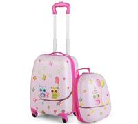 COSTWAY Juego de Mochila y Maleta Infantil, Equipaje de Viaje con Ruedas, para Niños, Cabina Trolley (Búhos Rosa)