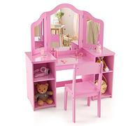 COSTWAY Juego de Tocador Infantil con Espejo y Silla, Conjunto 2 en 1 de Tocador de Maquillaje de Princesa con Espejo Tri-Plegable Removible, 4 Compartimentos de Almacenamiento para Niñas (Rosa)