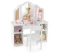 COSTWAY Juego de Tocador Infantil con Espejo y Silla, Conjunto 2 en 1 de Tocador de Maquillaje de Princesa con Espejo Tri-Plegable Removible, 4 Compartimentos de Almacenamiento para Niñas (Blanco)