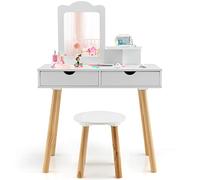 COSTWAY Juego de tocador para niños, 2 en 1, Escritorio y Taburete con Espejo extraíble, 2 cajones, Peine, tocador de Madera, para niñas de 3 a 7 años
