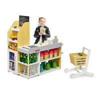 COSTWAY Juguete de Supermercado con Carrito de Compra Incluye Pizarra,Caja Registradora,Escáner,Lector de Tarjetas,Tarjeta de Crédito y Monedas Juguetes de rol para Niños