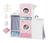 COSTWAY Lavandería de Madera para Niños, Máquina Lavadora de Juguete con Botella de Detergente, Plancha, Perchas y Cajón para Ropa, Lavadora Realista de Juegos de rol para Niños de 3+ años