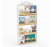 COSTWAY Librería Infantil de 4 Niveles, Estantería para Niños en Forma de Casa, Estante de Madera con Barreras Anticaídas y Barras Metálicas, Librero para Guardería, Aula, 61 x 15 x 130 cm