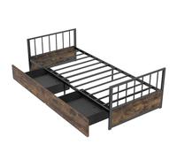 COSTWAY Marco de Cama Individual de Metal con 2 Cajones, Cama Industrial con Cabecero y Piecero, Estructura de Metal Resistente con Listones para Colchón, Espacio Suficiente Bajo la Cama, 200 x 90 cm