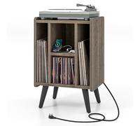 COSTWAY Mesa Auxiliar con Estación de Carga, Soporte para Tocadiscos con Amplia Encimera, Toma De Corriente, Estante de Exhibición para Tocadiscos Vintage para Sala de Estar, Dormitorio (Roble Gris)