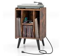 COSTWAY Mesa Auxiliar con Estación de Carga, Soporte para Tocadiscos con Amplia Encimera, Toma De Corriente, Estante de Exhibición para Tocadiscos Vintage para Sala de Estar, Dormitorio (Marrón)