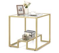 COSTWAY Mesa Auxiliar Cuadrada, Mesa de 2 Niveles de Metal Dorado y Tablero de Vidrio Templado, Mesa Lateral con Estante y Almohadillas de Pie Ajustables, para Estudio (56 x 56 x 56,5 cm)